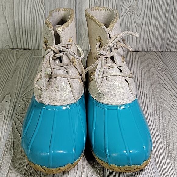 Jack Rogers Chloe Teal and Gold Duck Boots Womens Size 10 - Picture 3 of 12